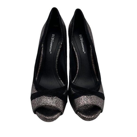 BCBG Generations Womens Shoe 8 1/2 B Pump Open Toe Velvet Trim Metallic Pewter - Picture 4 of 12
